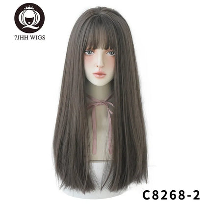 7JHHWIGS Long Straight Light Brown Synthetic Wig with Bangs – Heat-Resistant Daily Wear Wig for Women
