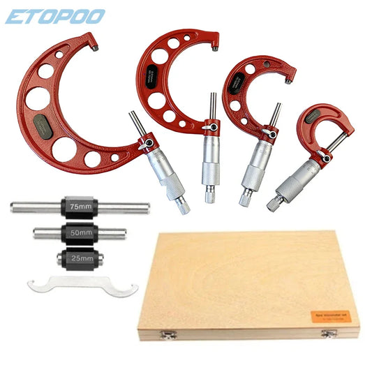 Outside Micrometer Set 0–100mm (4-Piece) — 0.01mm Graduation, Ratchet Stop with Standards