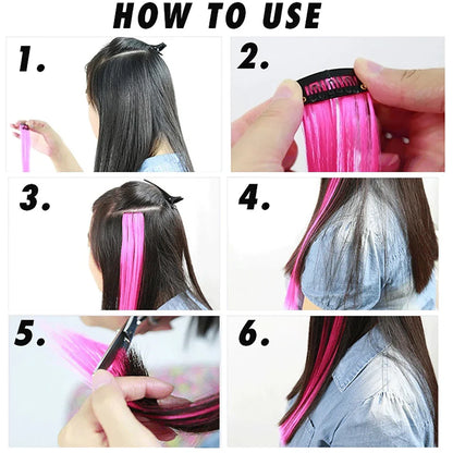BUQI Straight Clip-In Colored Hair Extensions – Rainbow Synthetic Hair Streaks in Pink, Orange, White & Purple