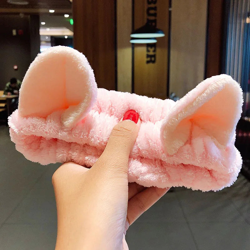 Soft Coral Fleece Bow Headband – Wash Face Hair Holder with Animal Ears for Women & Girls