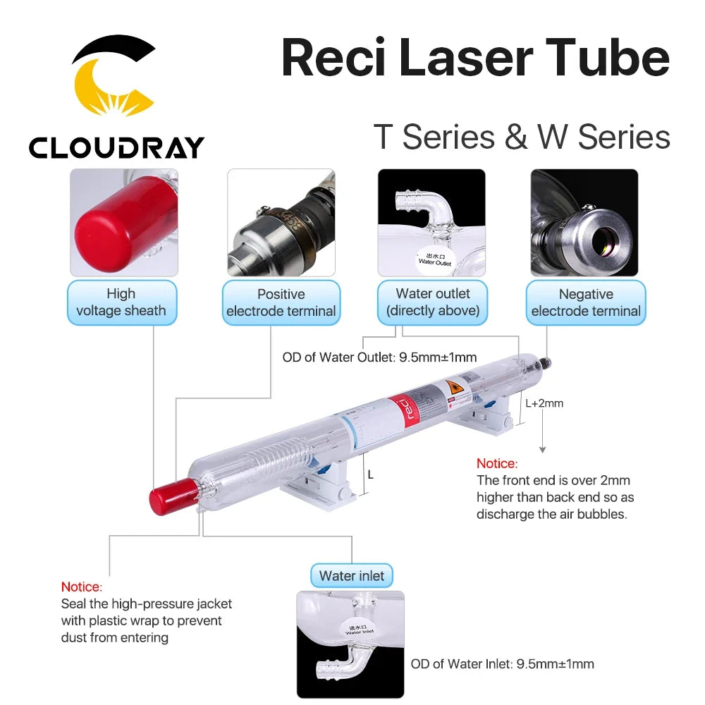Cloudray CO2 Laser Tube - 90W-100W Reci W2 T2 Laser Engraving Cutting Machine Replacement Tube