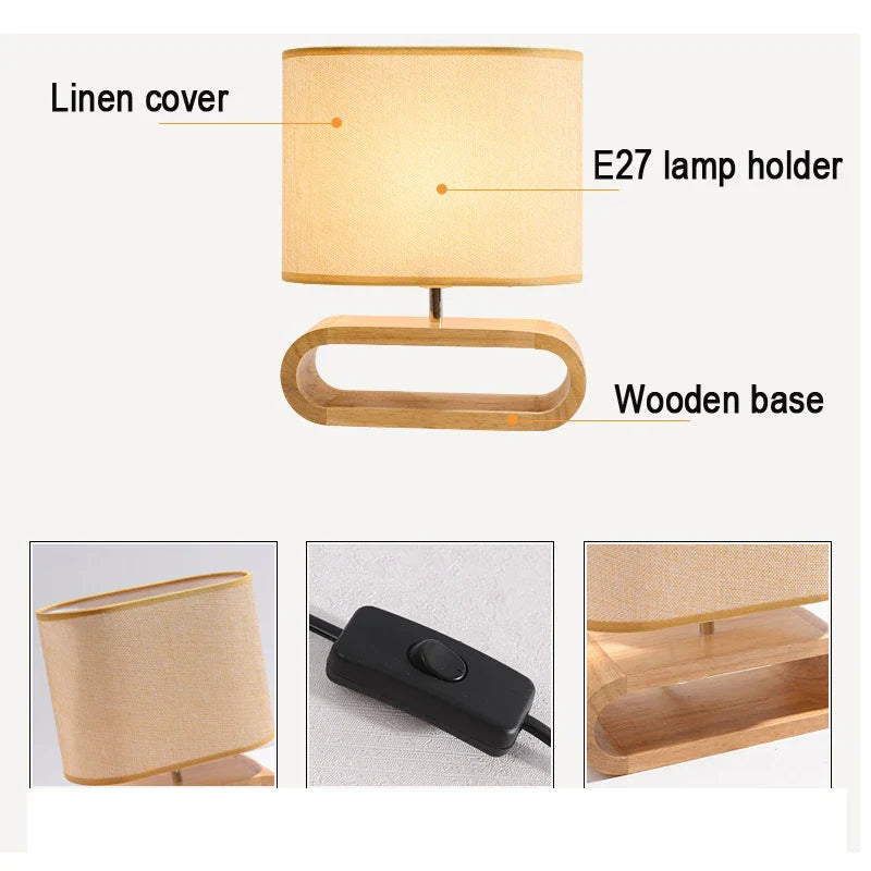 Nordic Wood Base Table Lamp with Cloth Lampshade - E27 Bedside, Desk & Reading Light for Living Room & Bedroom