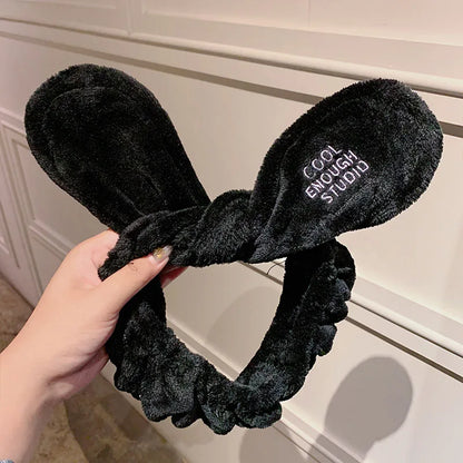 Soft Coral Fleece Bow Headband – Wash Face Hair Holder with Animal Ears for Women & Girls