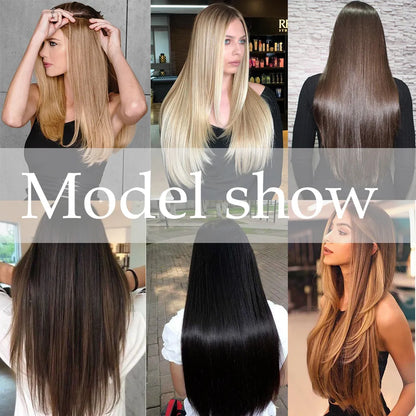 24-Inch Long Straight Synthetic Hair Extensions - Blonde & Black, Heat Resistant, 16 Clips-In Hairstyle Enhancement