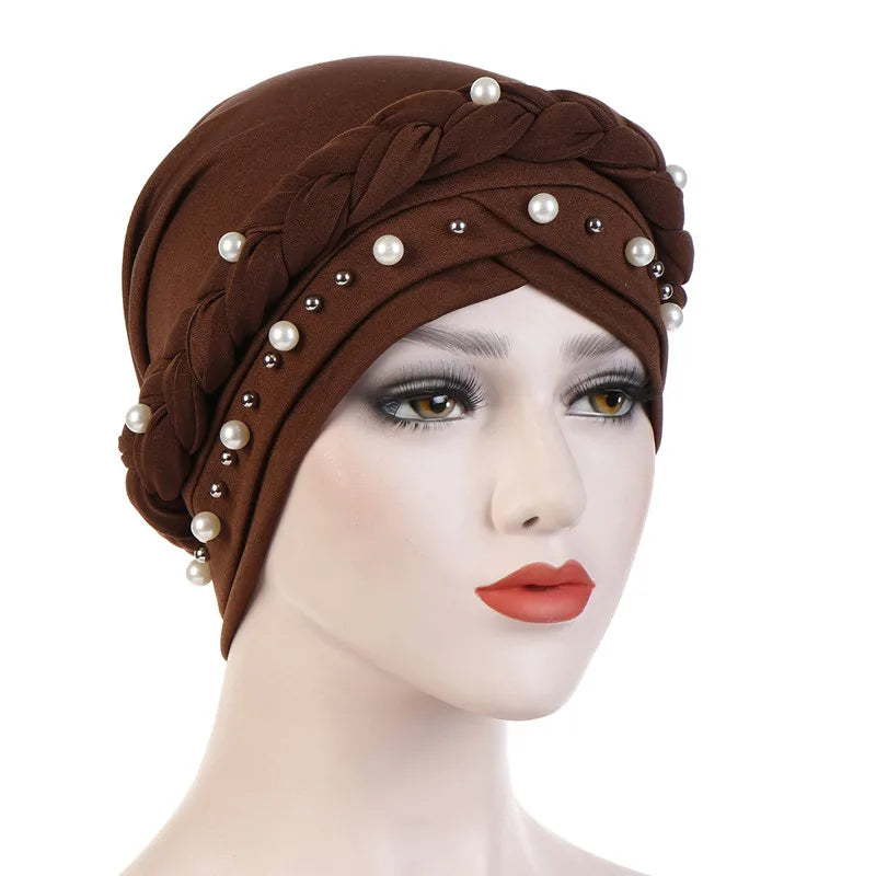 Women’s Cotton Head Scarf – Solid Turban Bonnet Hijab Cap with White Pearl Inner, Muslim Arab Wrap