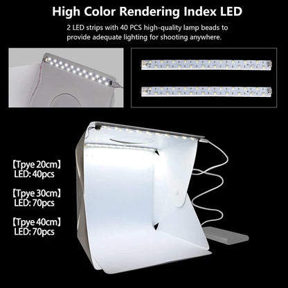 Folding Lightbox 20/30/40cm – Portable LED Softbox Photo Studio Tent with USB for DSLR Camera