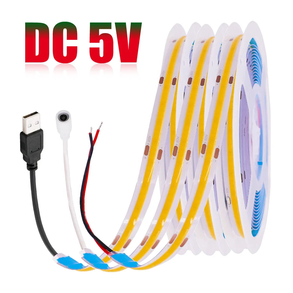 DC 5V USB LED COB Strip Light – High Density 320LED Flexible Tape Lighting in Warm White, Natural White, Red, Blue & Green for Home Decor