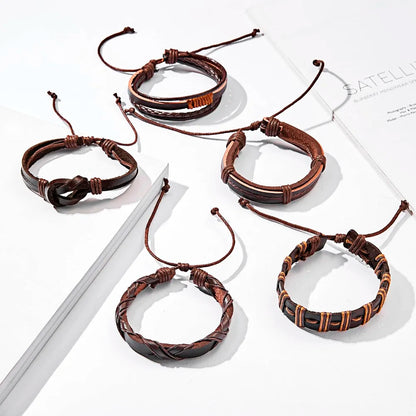 Men's Vintage Multilayer Leather Braid Bracelet - Handmade Star, Leaf & Owl Rope Wrap Bangle, Male Gift Jewelry