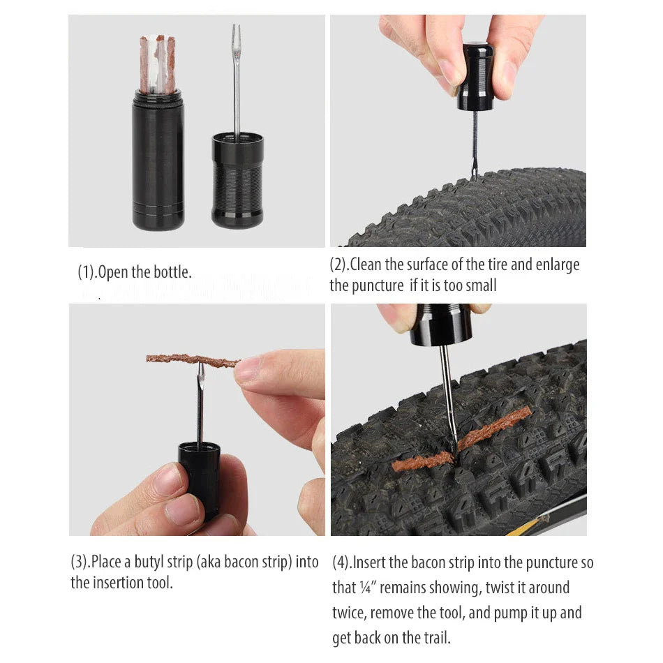 Bike Tubeless Tire Repair Kit — Slug Plug Stopper with Rubber Strips & Insertion Tool for MTB & Road Bikes
