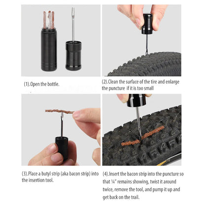 Bike Tubeless Tire Repair Kit — Slug Plug Stopper with Rubber Strips & Insertion Tool for MTB & Road Bikes