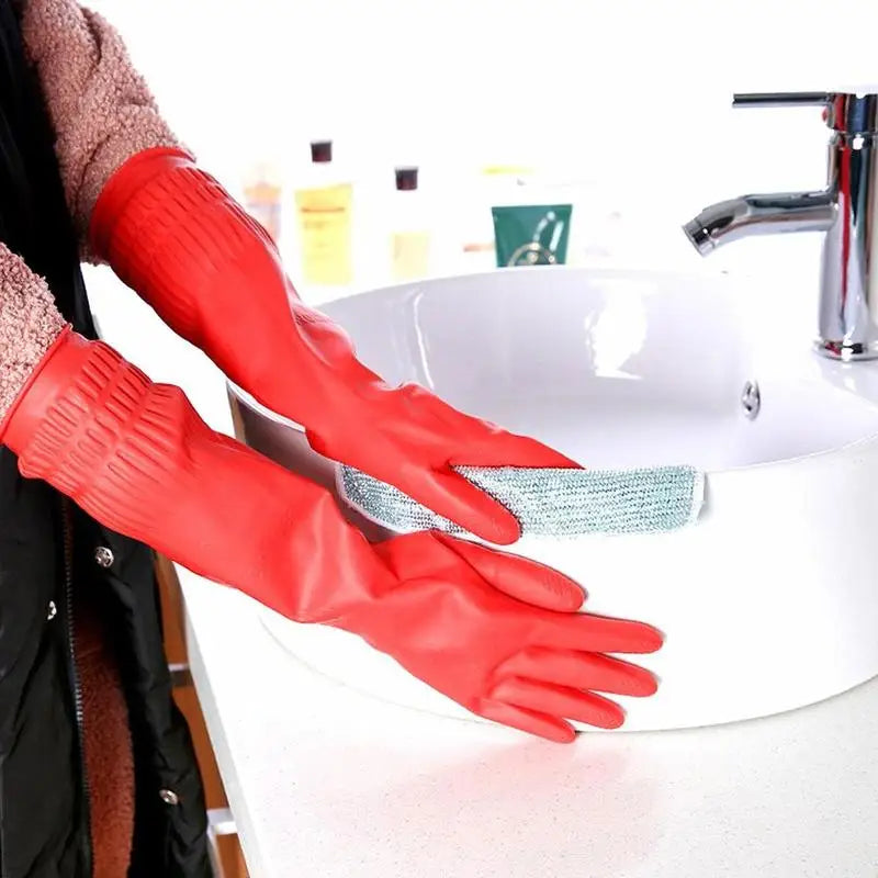 Red Waterproof Rubber Gloves - Long Latex Sleeve for Dish Washing and Kitchen Cleaning