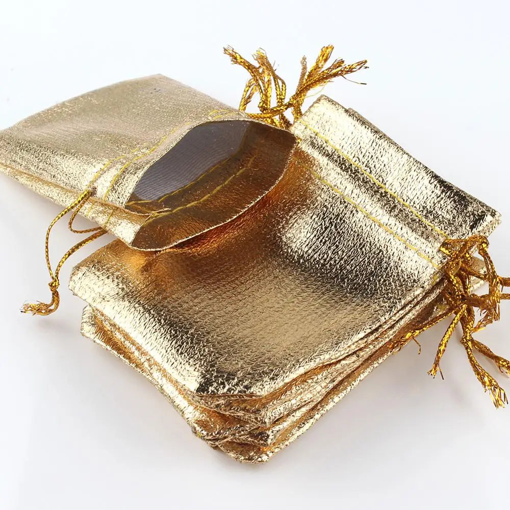 50-Pack Adjustable Jewelry Packing Bags – Gold & Silver Drawstring Party, Candy & Wedding Gift Bags (7x9cm & 9x12cm)