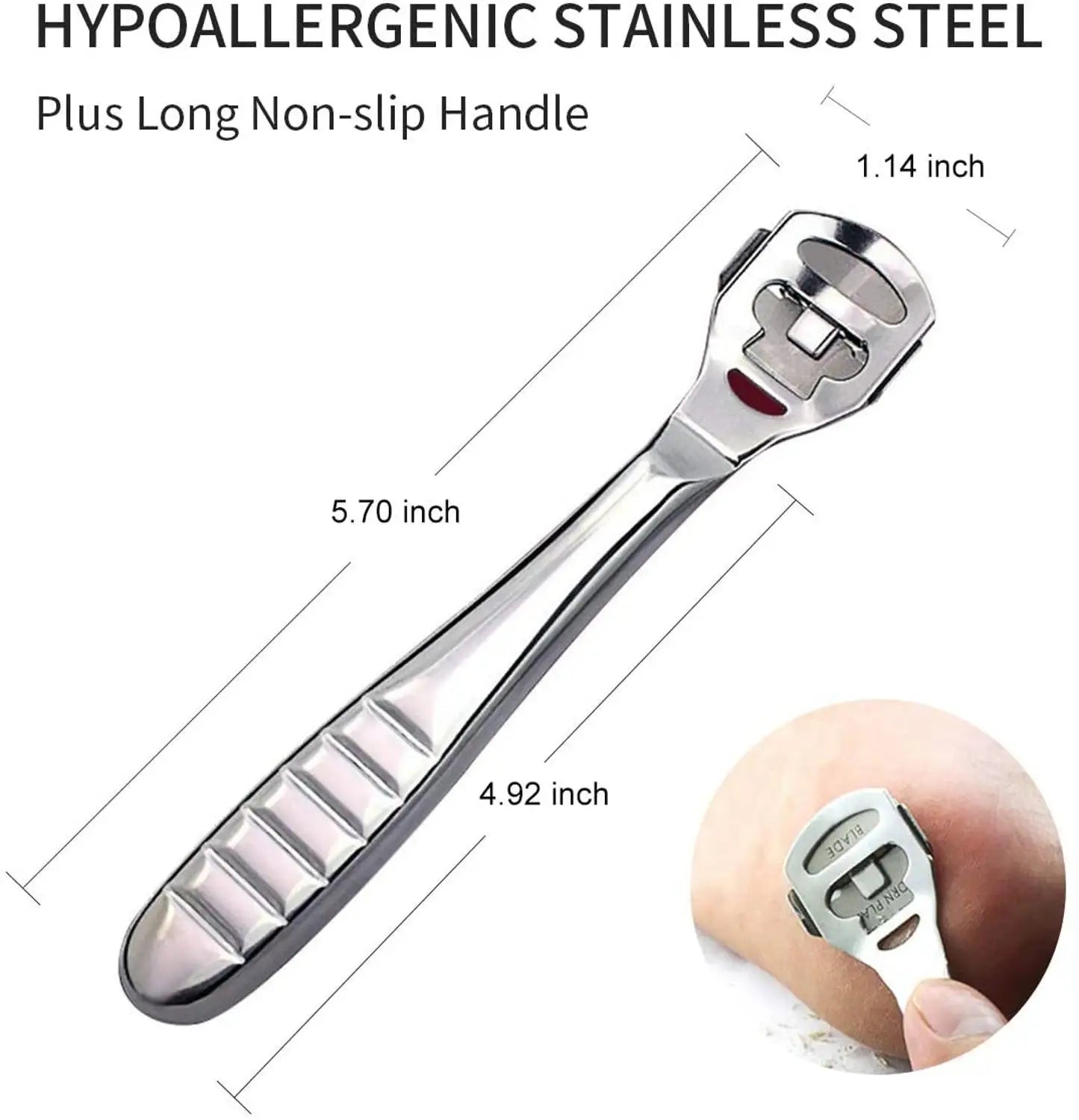 Foot Callus Shaver with Stainless Steel Handle - Hard Skin Remover for Heels, Pedicure Razor Tool with 10 Blades