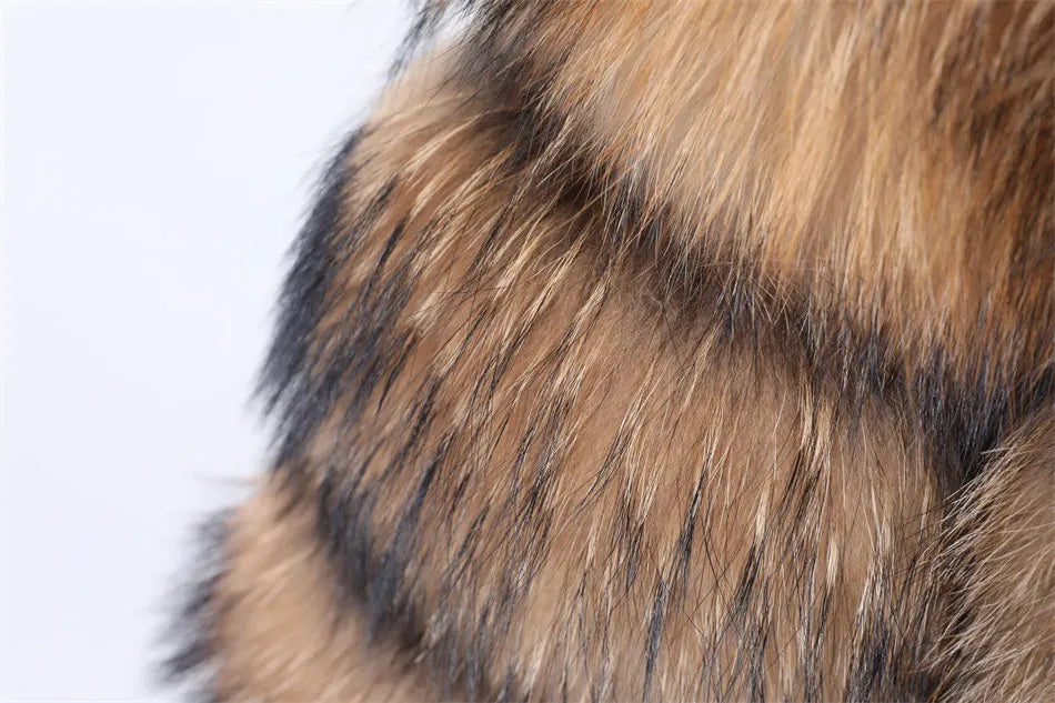 2025 Maomaokong Women’s Real Fur Coat – Natural Raccoon & Fox Fur Jacket with Hood, Warm Winter Outerwear