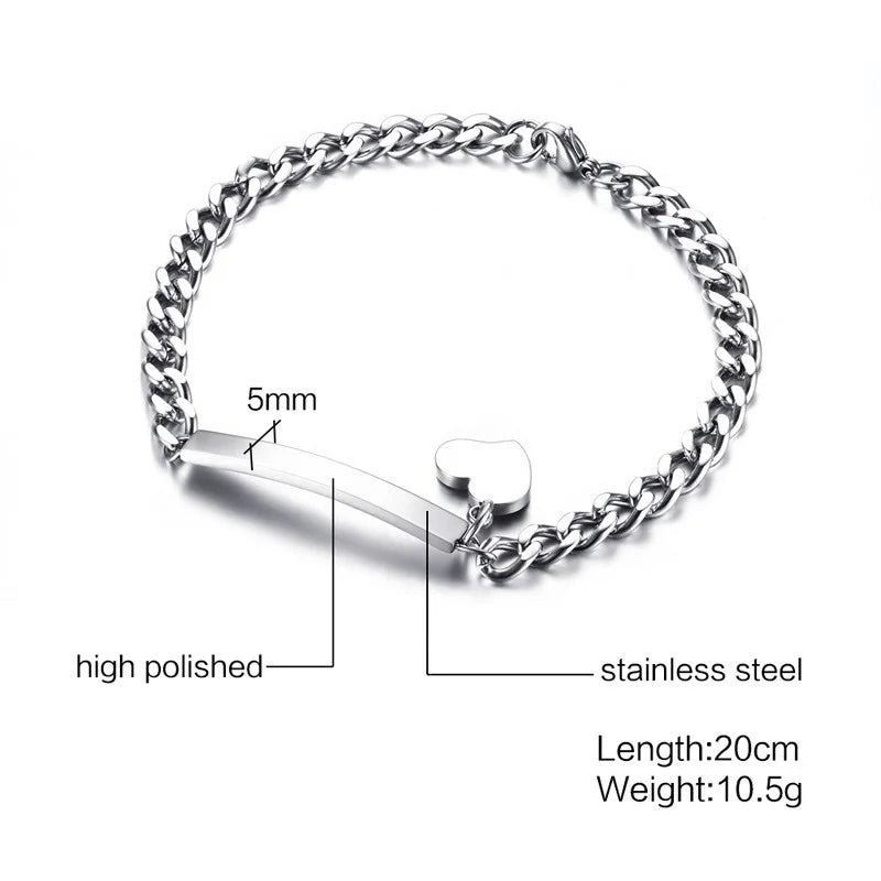 Elegant Personalized ID Bar Bracelet – 5mm Stainless Steel Link Chain for Women with Custom Name or Quote