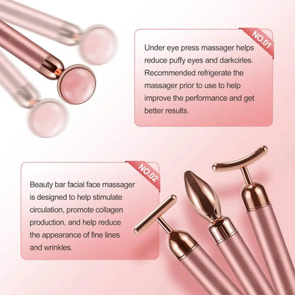 4 in 1 Vibrating Rose Quartz Roller - T/V Shaped Face and Eye Massager for Lifting, Slimming, and Beauty Care