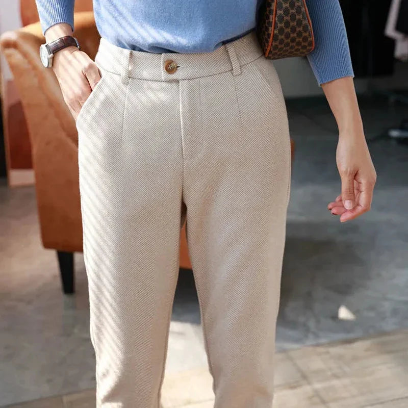 Women's Woolen Harem Pants - High Waisted Casual Pencil Trousers for Autumn/Winter 2024, Ideal for Office and Everyday Wear
