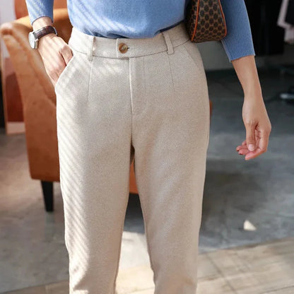 Women's Woolen Harem Pants - High Waisted Casual Pencil Trousers for Autumn/Winter 2024, Ideal for Office and Everyday Wear