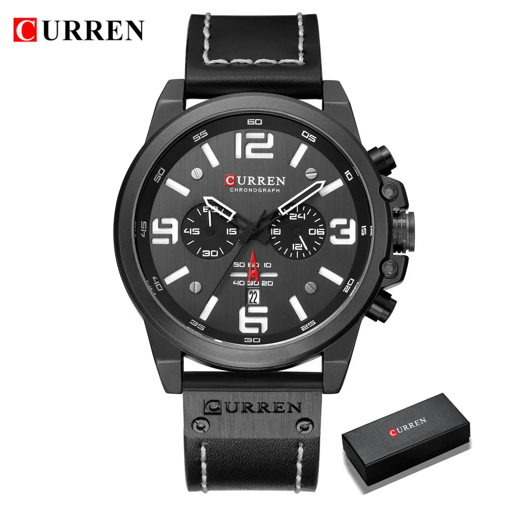 CURREN Men's Luxury Waterproof Sport Watch – Chronograph Quartz Military Wristwatch with Genuine Leather Strap