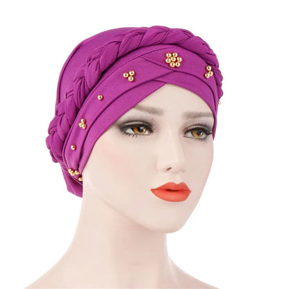 Women’s Cotton Head Scarf – Solid Turban Bonnet Hijab Cap with White Pearl Inner, Muslim Arab Wrap