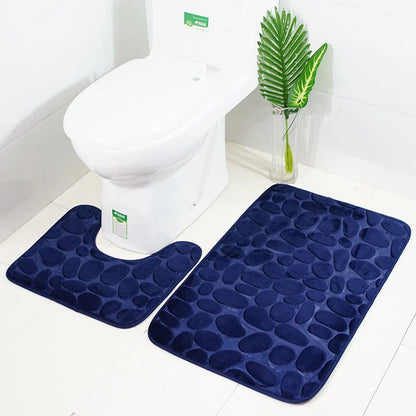 2PC Set Funnel Cobblestone Anti-Slip Bathroom Mat - Toilet Rug, New Bath Mat Set