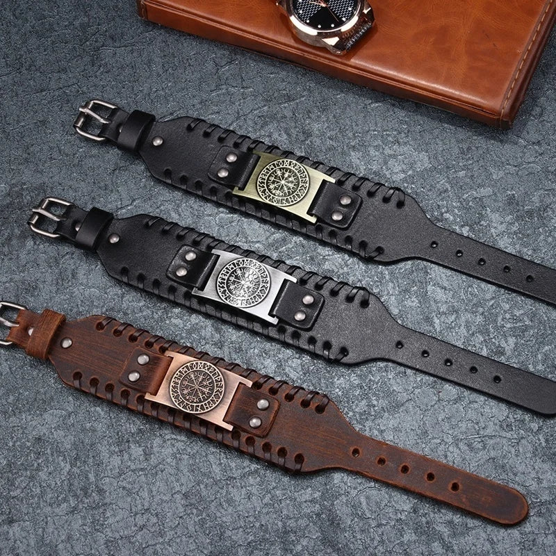 Totem Design Wide Leather Pirate Compass Bracelet - Men's Celtic Viking Jewelry, Party Gift Accessories