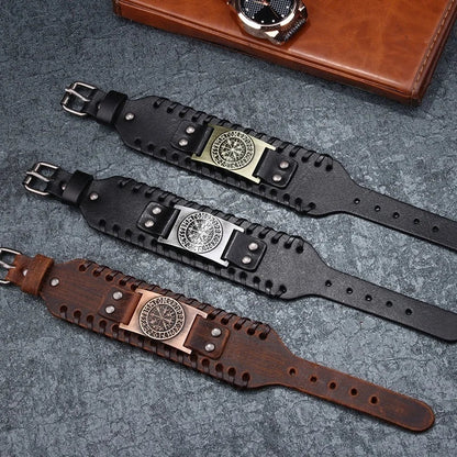 Totem Design Wide Leather Pirate Compass Bracelet - Men's Celtic Viking Jewelry, Party Gift Accessories