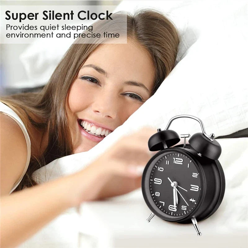 4 Inch Twin Bell Metal Alarm Clock – Loud Mechanical Desk Clock with Backlight 3D Dial, Battery Operated for Home & Office Use