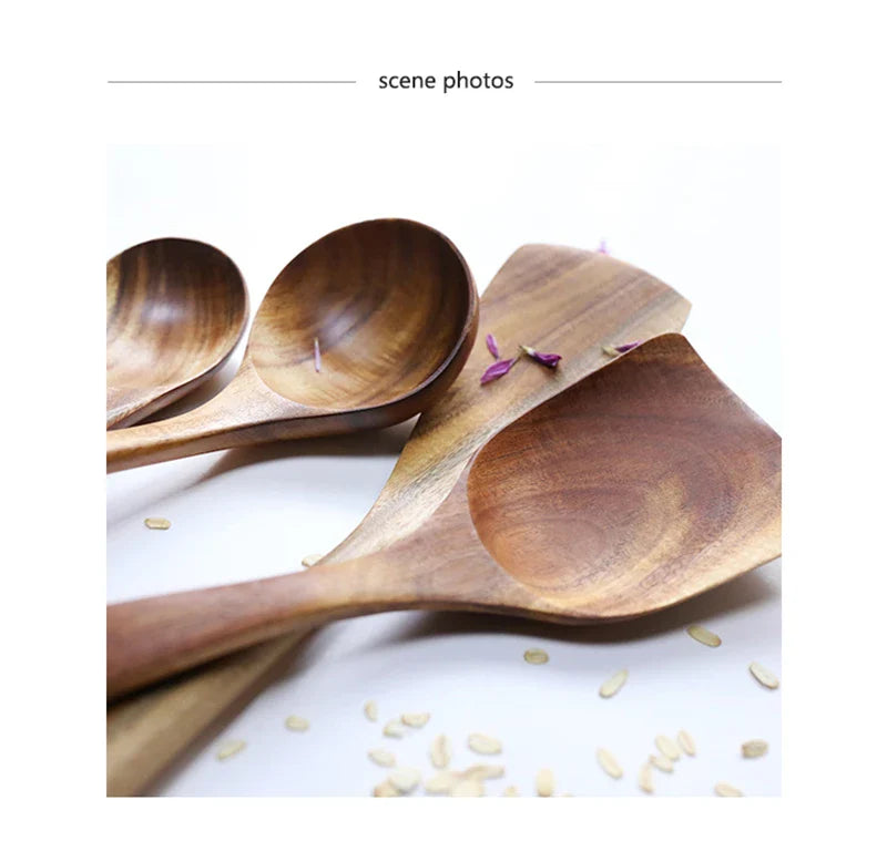 1-7pcs Teak Wood Tableware Set – Natural Wooden Spoons, Colander Spoon & Soup Skimmer Cooking Tool Kit
