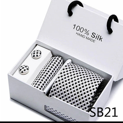 100% Silk Tie Gift Set - Classic Striped Wedding Necktie with Handkerchief for Men