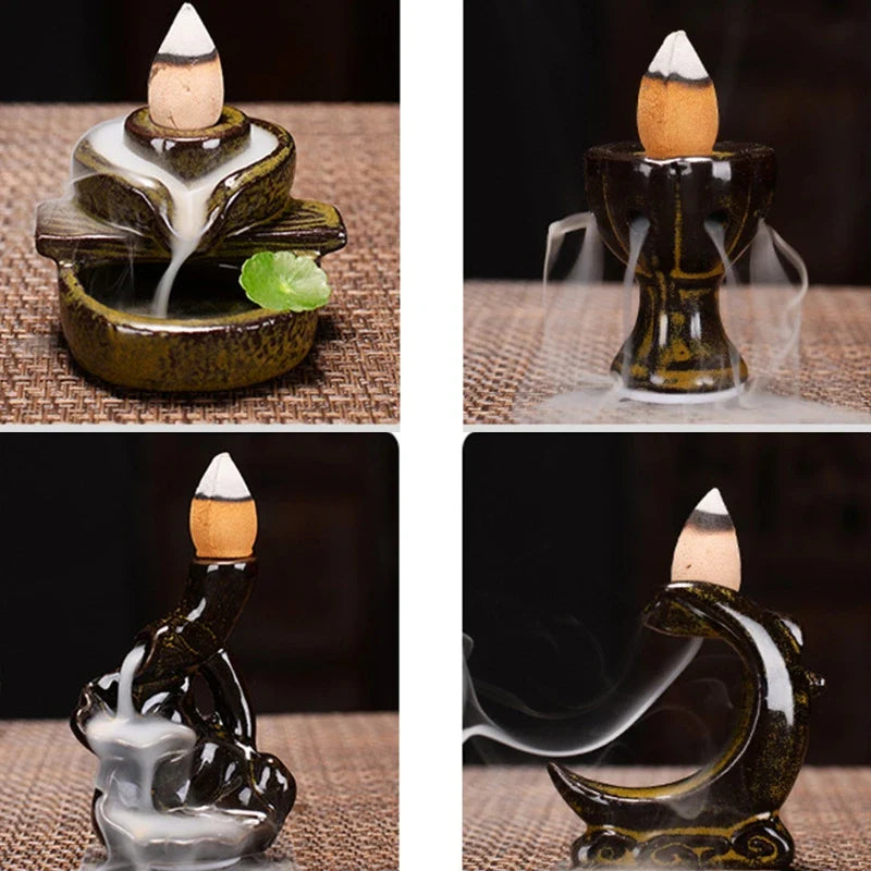 Ceramic Waterfall Incense Burner with Backflow Incense Cones - Home and Office Decor and Housewarming Gift