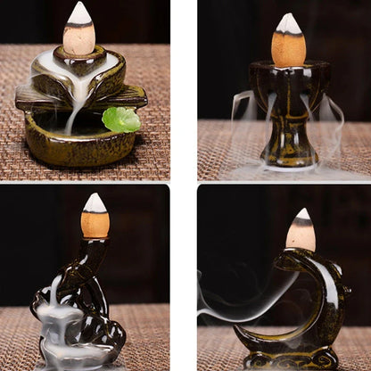 Ceramic Waterfall Incense Burner with Backflow Incense Cones - Home and Office Decor and Housewarming Gift