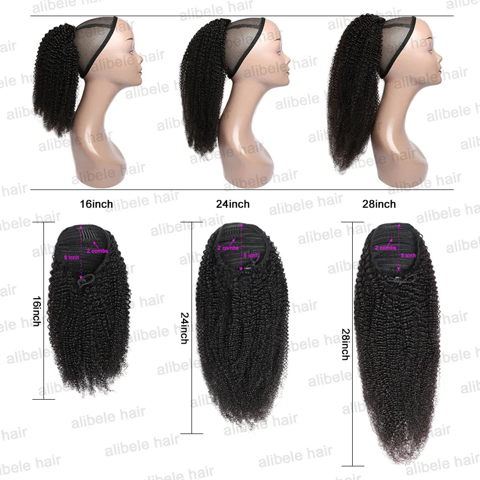 Alibele Mongolian Afro Kinky Curly Drawstring Ponytail – 4B/4C Remy Human Hair Extensions 10-28 Inch Clip-In
