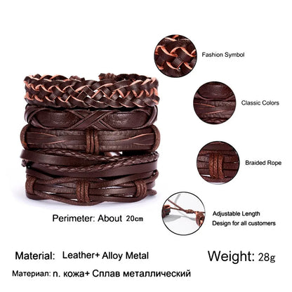 Men's Vintage Multilayer Leather Braid Bracelet - Handmade Star, Leaf & Owl Rope Wrap Bangle, Male Gift Jewelry