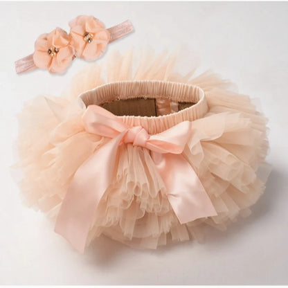 Baby Girl Tutu Bloomers Set - Newborn Tulle Lace Diaper Cover with Flower Headband Outfit
