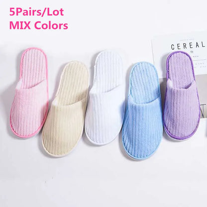 5 Pairs Mix Color Disposable Hotel Slippers – Cotton Non-Slip Slides for Men & Women Home, Travel, SPA & Hospitality Use