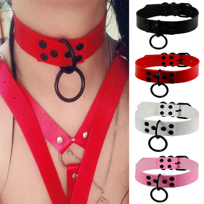 Black Round Punk Gothic Choker Necklace – Handmade Leather Collar for Party & Fashion