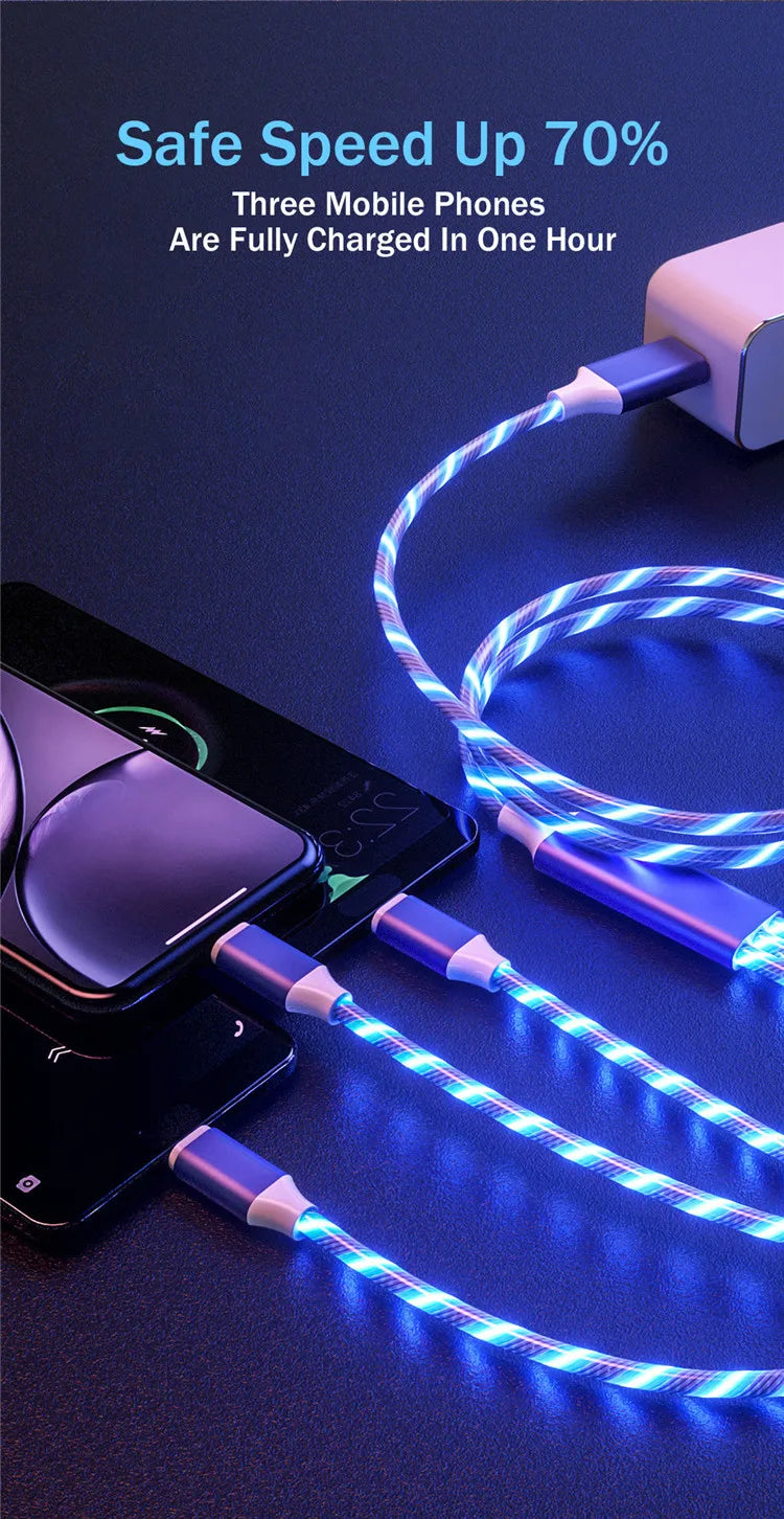3-in-1 LED Glowing Charging Cable – 3A Micro USB & Type-C Flowing Streamer Cord for iPhone, Xiaomi & Huawei