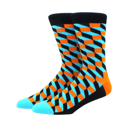 Men’s Funny Argyle Diamond Pattern Cotton Socks – Large Size 3D Geometric Crew Tube Socks, Combed Cotton Casual Novelty Socks