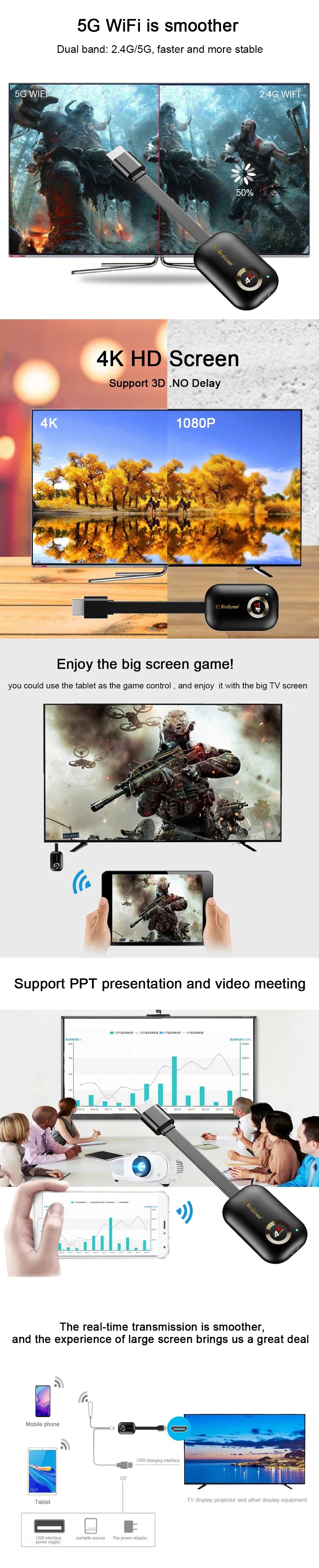 Mirascreen G9 Plus 4K Wireless Display Dongle - 2.4G/5G H.265 Wifi for Miracast, Airplay, DLNA from Android/iOS to TV