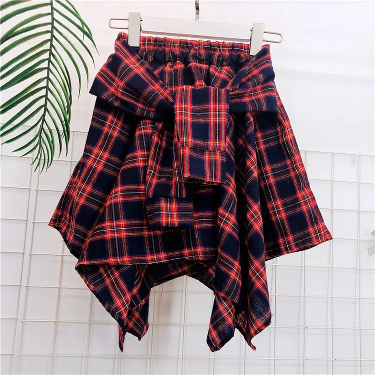 TOTRUST Women’s Fashion Asymmetrical Summer Plaid Mini Skirt – Casual College Style Fake Shirt Design