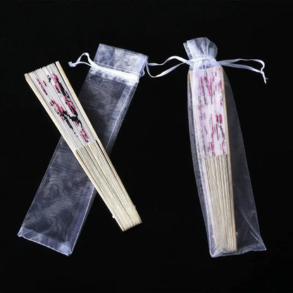 100-Pack Folding Hand Fan Pouches - Drawstring Organza Bags, Perfect for Outdoor Weddings, Party Favors, and Retail Gift Packaging