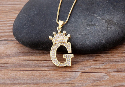 Nidin Luxury A-Z Crown Alphabet Pendant – Copper Zircon Initial Necklace Chain, Hip-Hop Style Jewelry for Men & Women