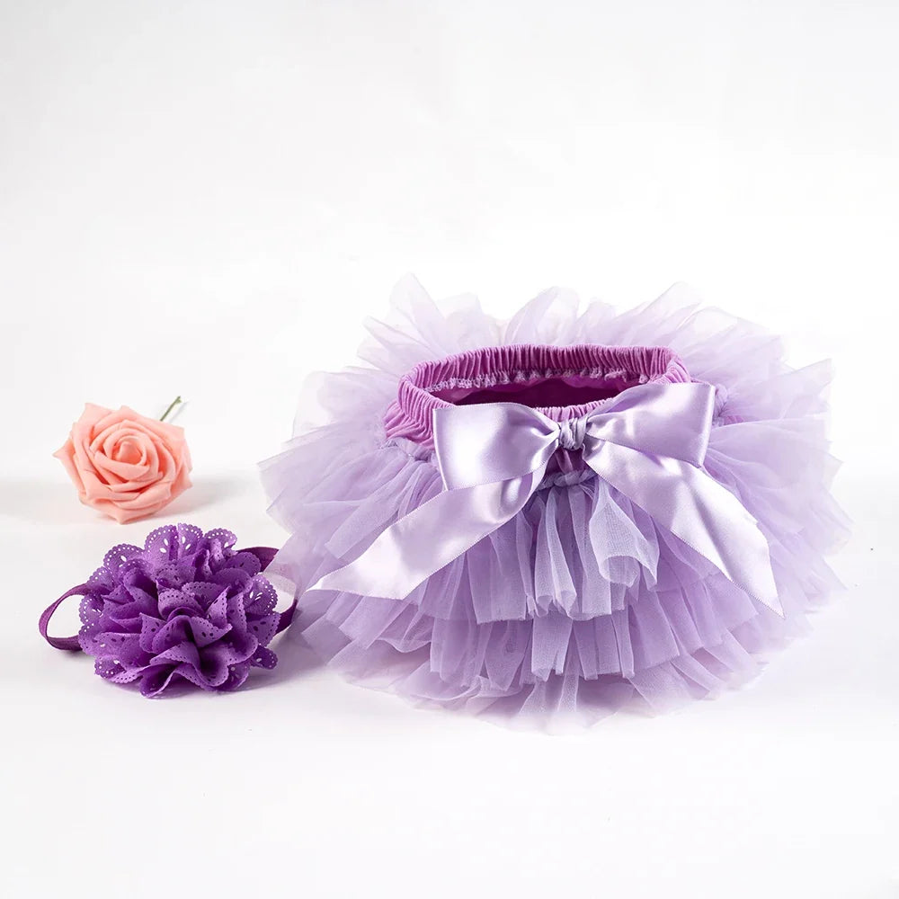 Baby Girl Tutu Bloomers Set - Newborn Tulle Lace Diaper Cover with Flower Headband Outfit