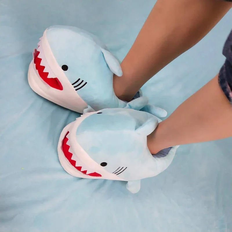 Feerldi Shark Winter Slippers — Cartoon Anime Slip-On Fish Slides for Girls, Boys & Women, Plush Open-Mouth Cotton Shoes