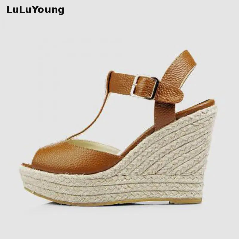 Women’s Summer Open Toe T-Strap Wedge Sandals – High Heel Princess Shoes, Sizes 30–43