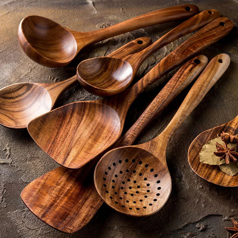 1-9pcs Teak Wood Tableware Set – Natural Wooden Cooking Spoons, Colander Spoon & Soup Skimmer Kitchen Tool Kit