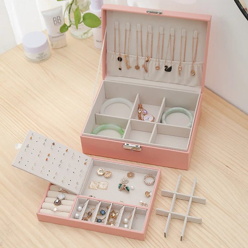 Double-Layer Wooden Jewelry Box – PU Leather Ring & Accessory Organizer with Storage and Makeup Case