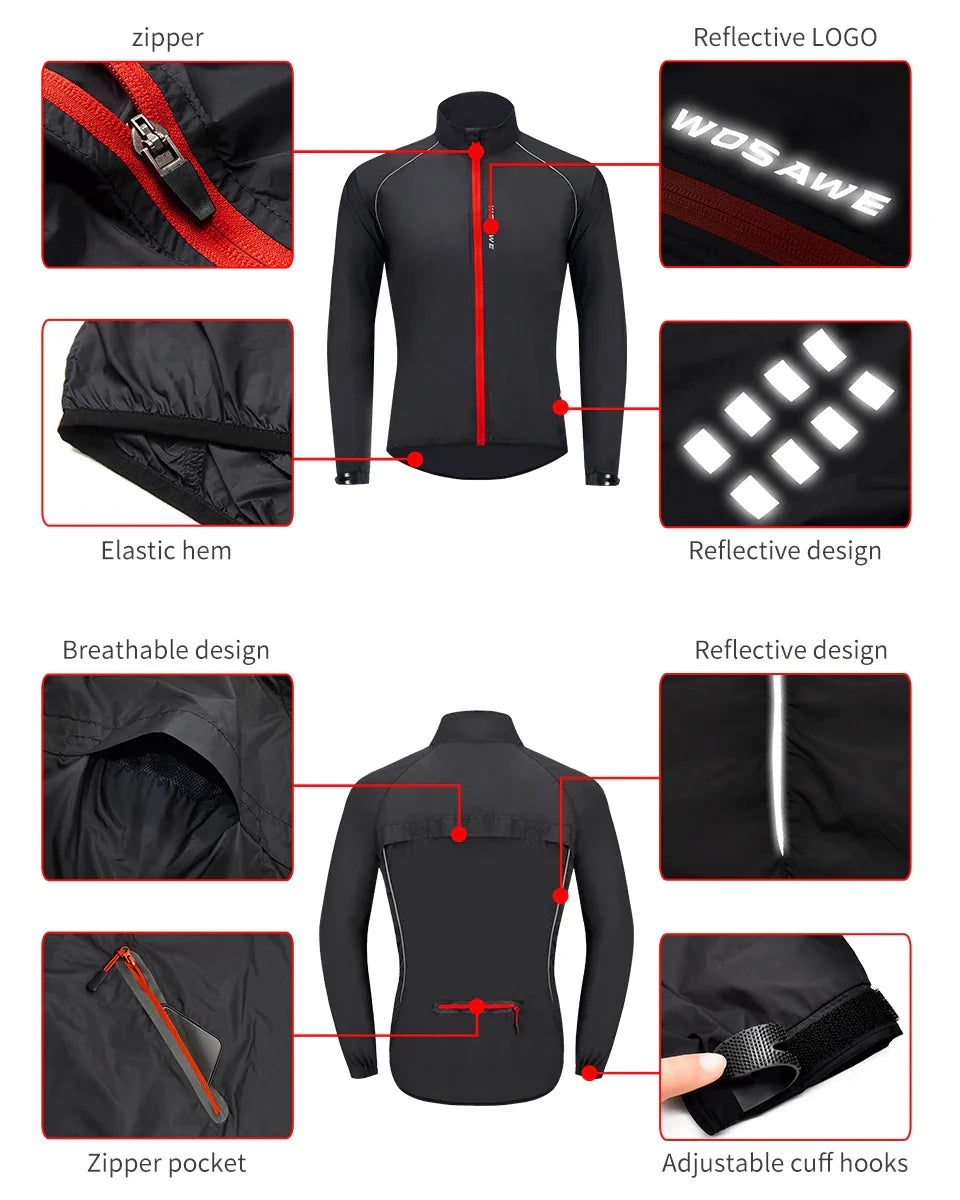 WOSAWE Men's Windproof Waterproof Cycling Jacket – Reflective MTB Bike Windbreaker & Vest