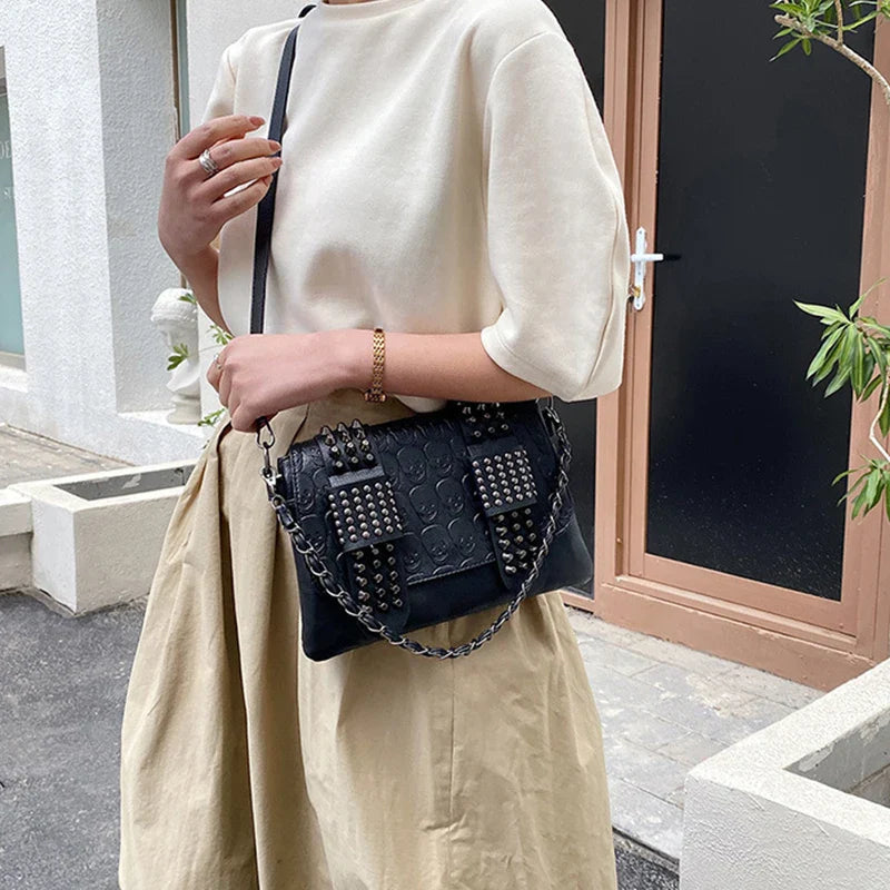 Vintage Skull Rivet PU Leather Shoulder Bag — Women’s Black Crossbody Flap Messenger Handbag